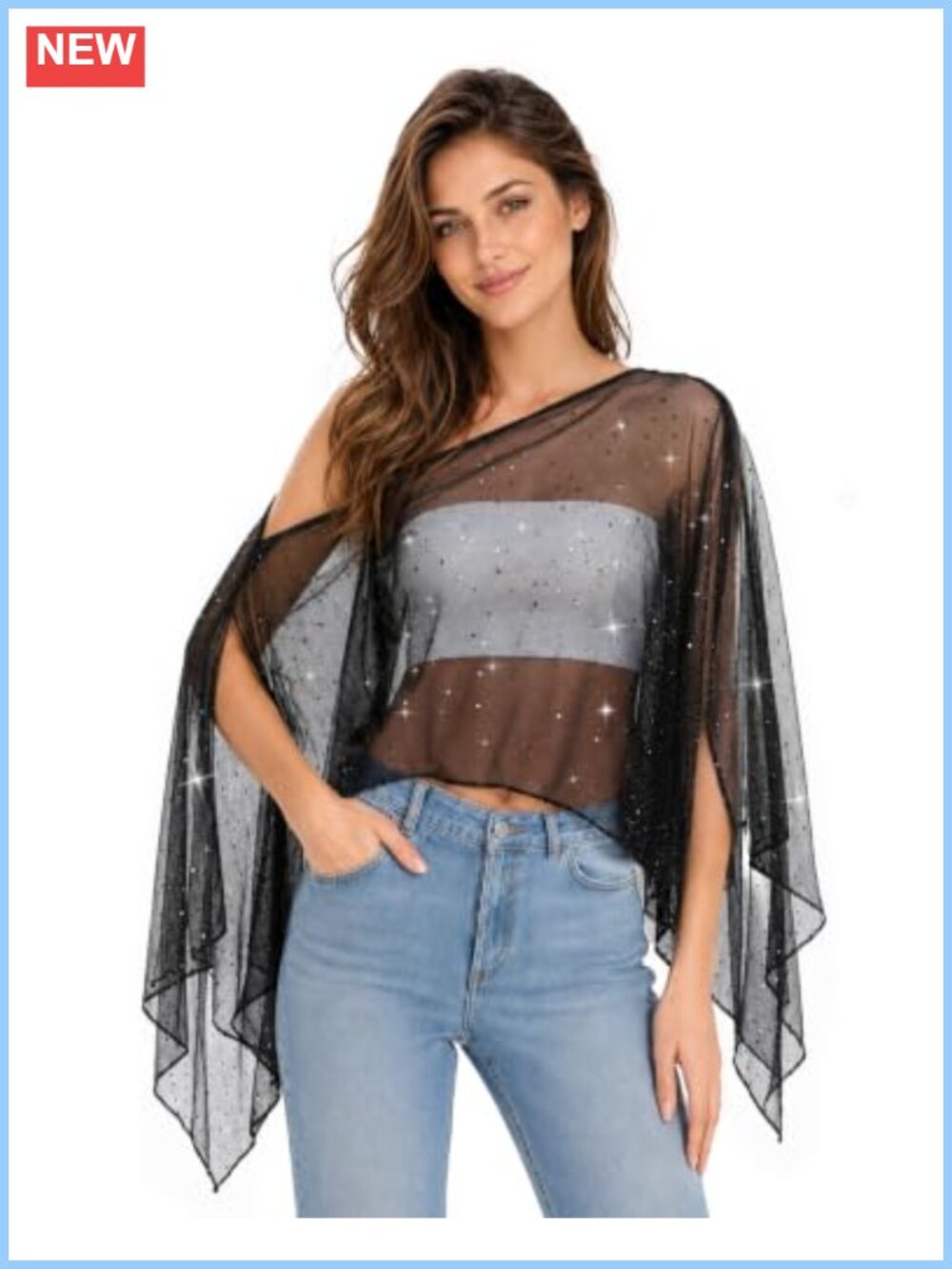 Sparkly Sheer Poncho Shawl Sequin Cape Evening Wrap Cover-Up